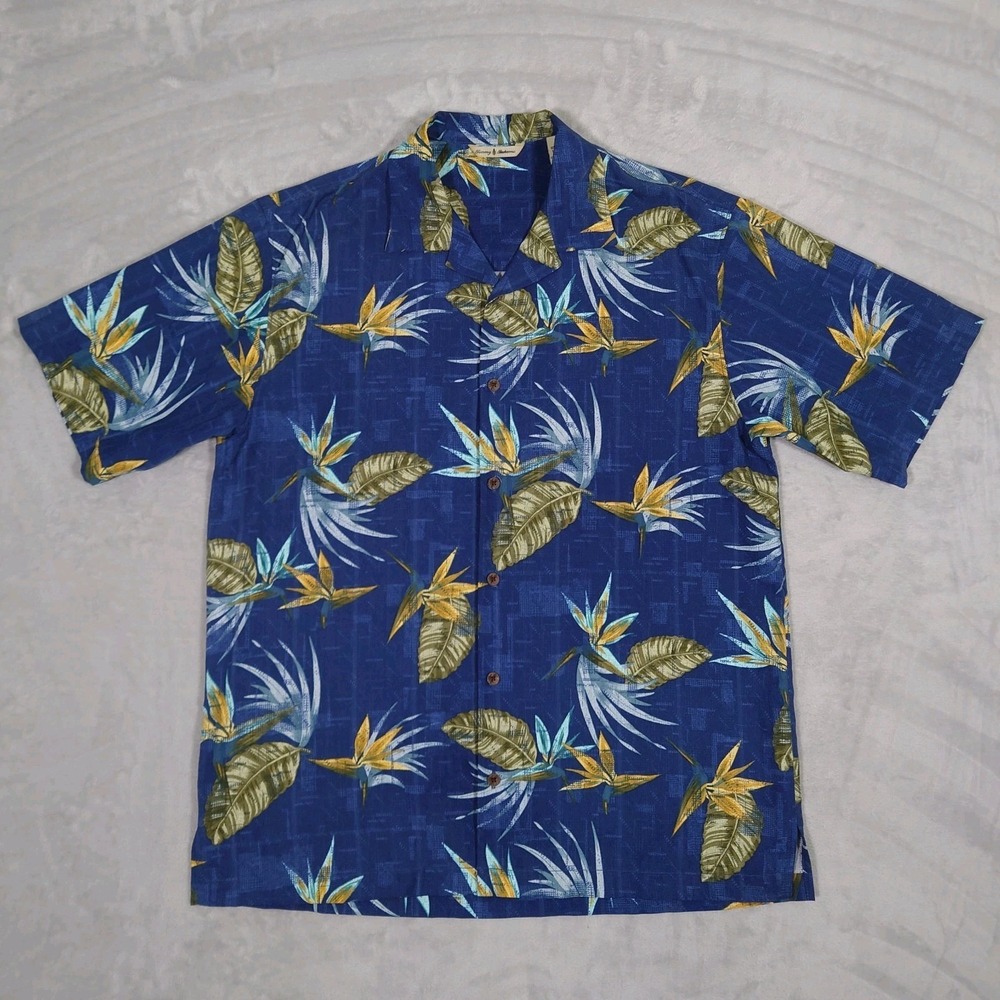 Tommy Bahama 100% Silk Hawaiian Shirt Mens M Blue Tropical Bird of Paradise